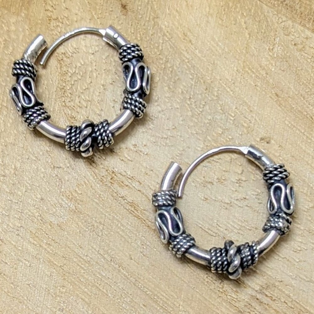 🆕.925 STERLING SILVER BALI STYLE SMALL ROUND HOOP EARRINGS
